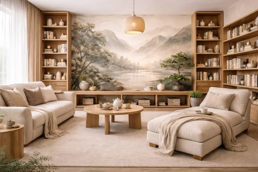 Salle de lecture zen avec canapé et méridienne devant une impression murale paysage montagne – impression murale Pixelwall.