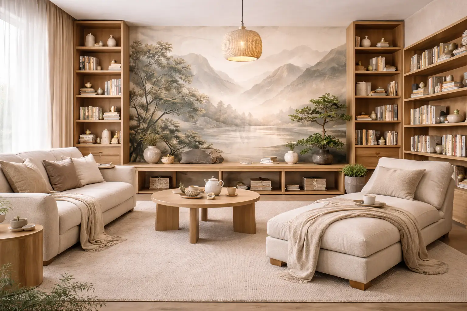 Salle de lecture zen avec canapé et méridienne devant une impression murale paysage montagne – impression murale Pixelwall.