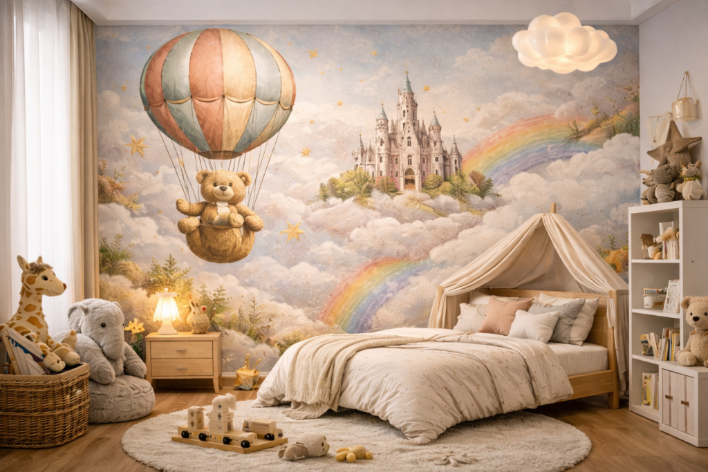Impression murale dans une chambre d’enfant avec illustration montgolfière, ours en peluche et château féerique