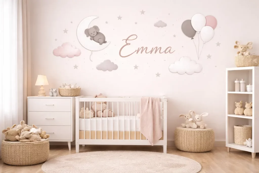 Impression murale dans une chambre de bébé avec nuages, étoiles, ballons et prénom personnalisé