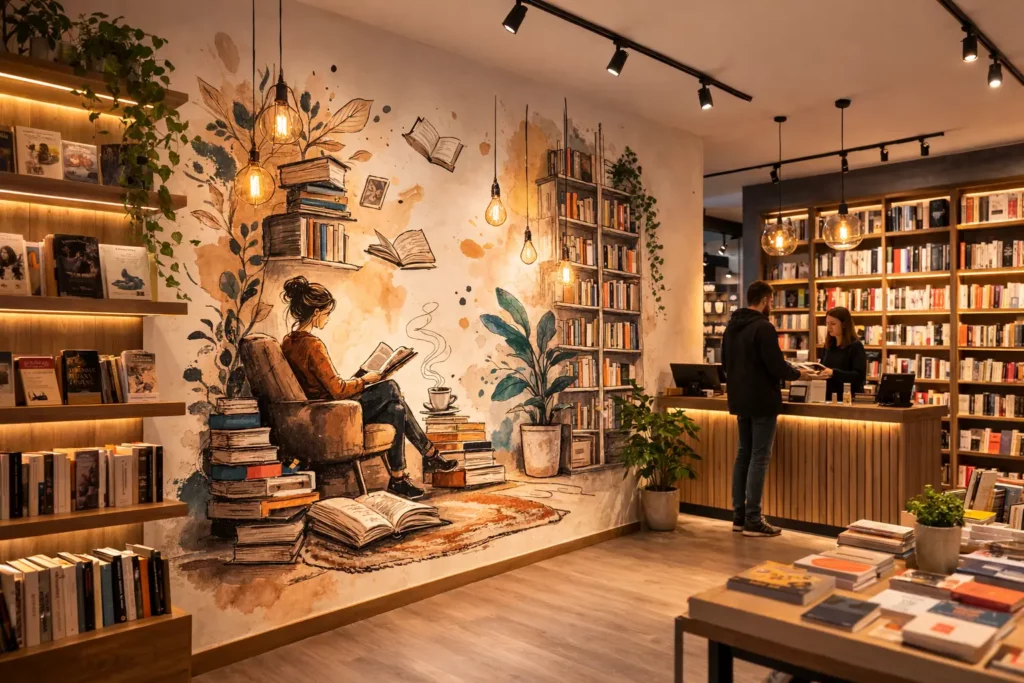 Impression murale artistique dans une librairie avec illustration d’une lectrice et de livres réalisée par impression verticale