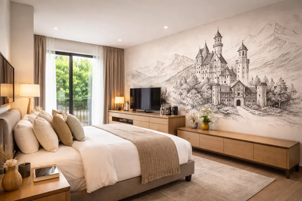Impression murale noir et blanc représentant un château médiéval dans une chambre d’hôtel moderne