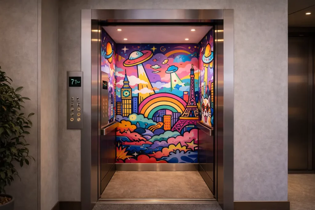 Décoration murale graffiti moderne dans l’intérieur d’un ascenseur d’hôtel