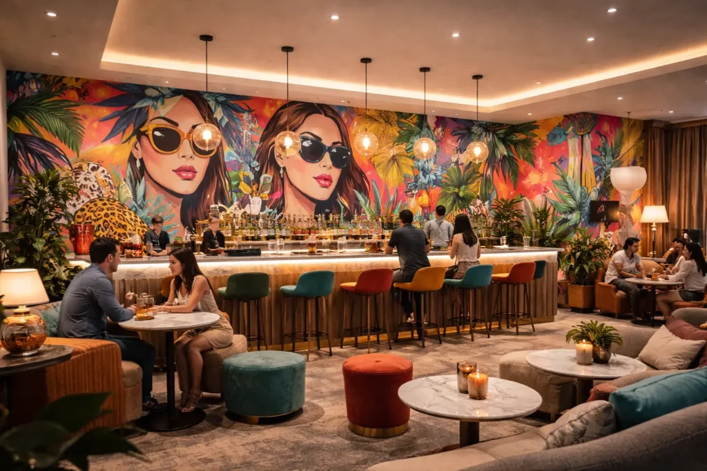 Décoration murale artistique dans un bar lounge d’hôtel avec fresque colorée moderne