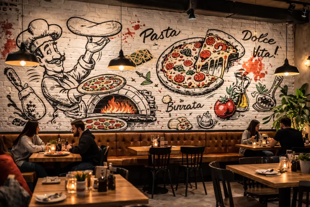 Décoration murale graffiti italien dans une pizzeria avec illustration de pizza, pasta et burrata