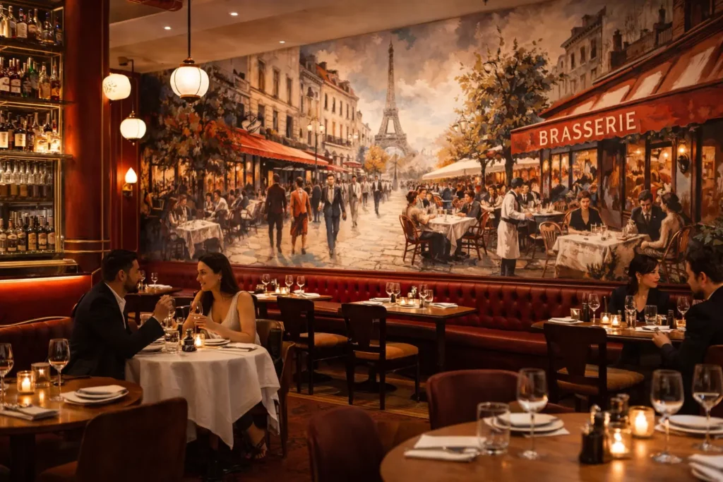 Fresque murale illustrant une brasserie parisienne avec la tour Eiffel dans un restaurant chic