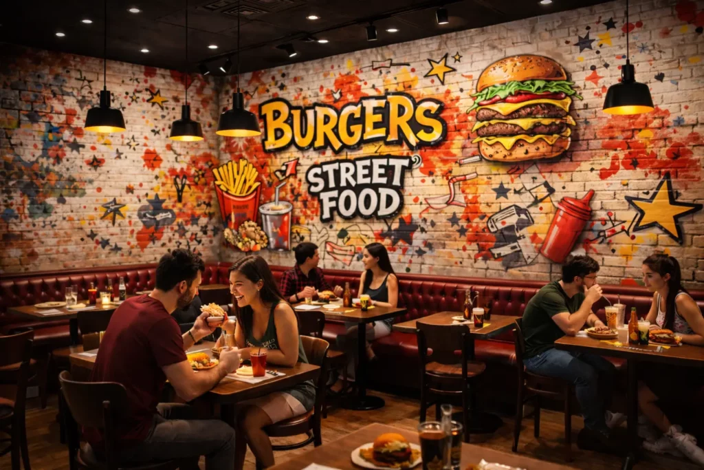 Décoration murale graffiti burger et street food dans un restaurant fast food moderne