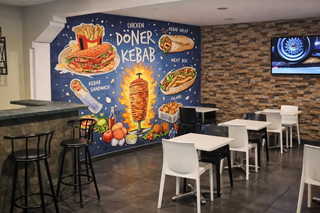 Illustration murale doner kebab et street food dans un restaurant kebab moderne