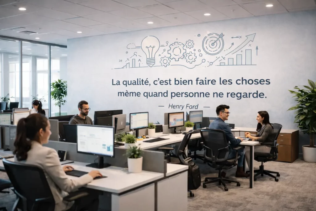 Citation inspirante imprimée sur un mur dans un bureau open space moderne