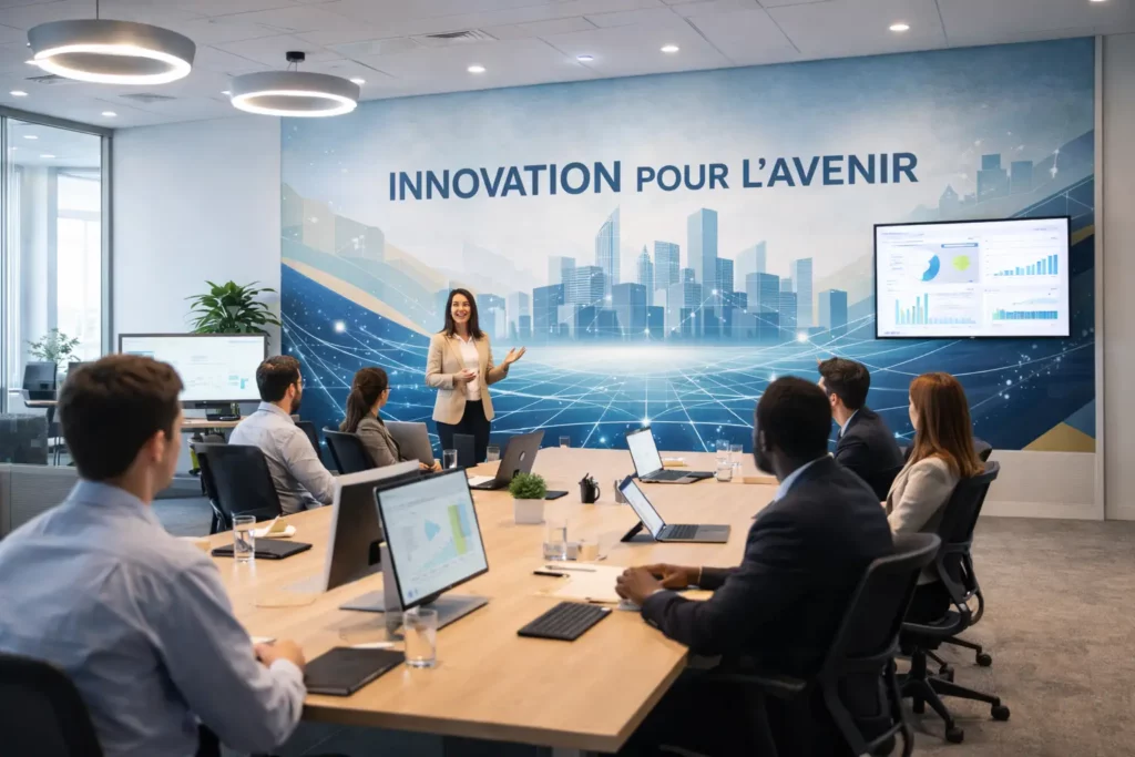 Décoration murale graphique dans une salle de conférence d’entreprise moderne