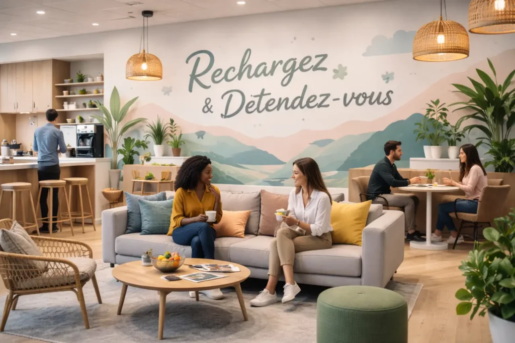 Décoration murale relaxante dans une salle de pause d’entreprise