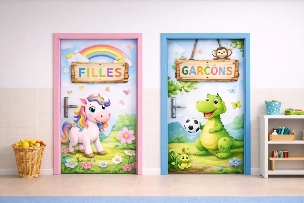 Impression verticale sur portes de toilettes dans une crèche avec dessins enfantins licorne et dinosaure