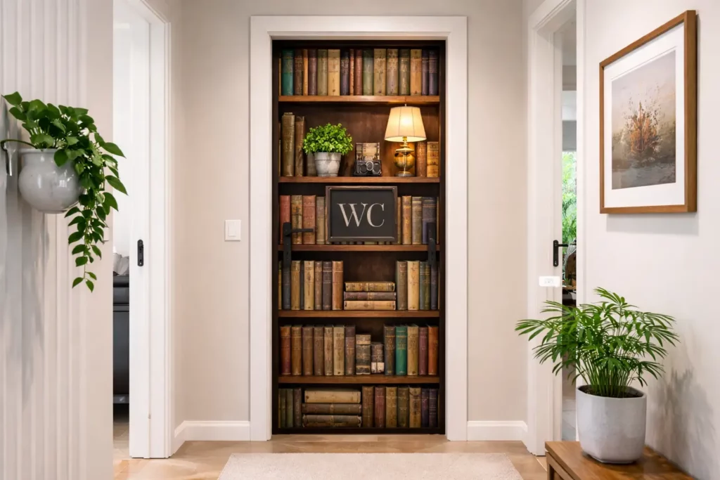 Impression verticale trompe-l’œil bibliothèque sur porte de WC dans une résidence privée