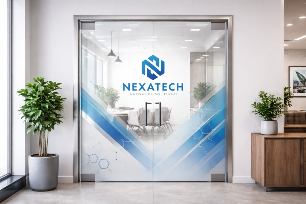 Impression décorative sur porte vitrée de bureau avec logo d’entreprise