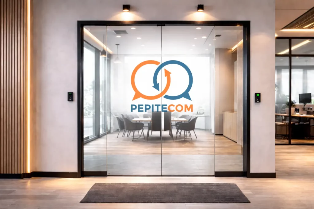Porte vitrée d’entrée d’entreprise avec logo PepiteCom imprimé sur le verre
