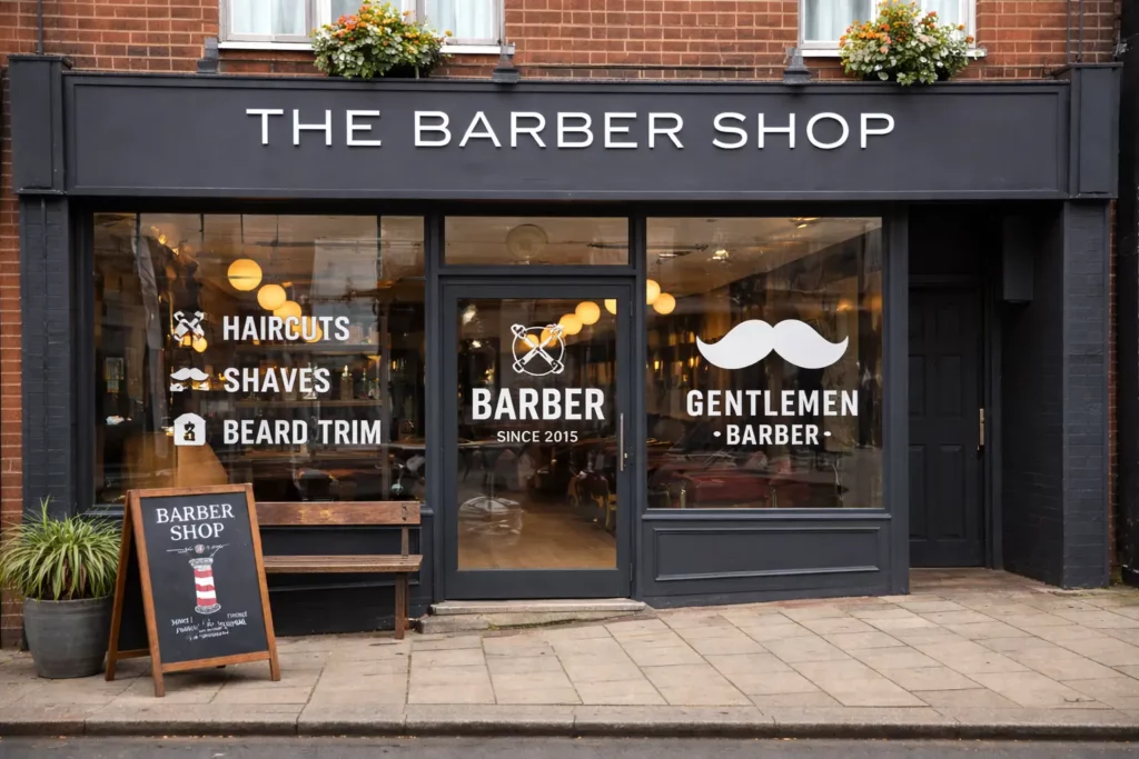 Devanture de barbier avec impression sur les vitrines et porte vitrée barber shop