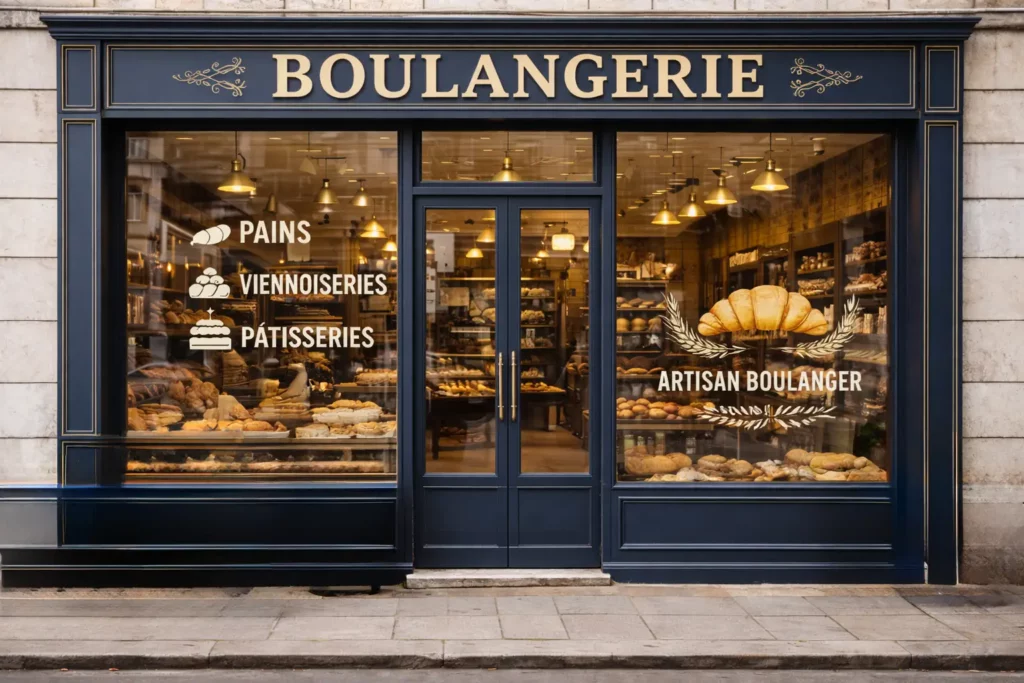 Devanture de boulangerie traditionnelle avec impression sur les vitrines pains viennoiseries pâtisseries