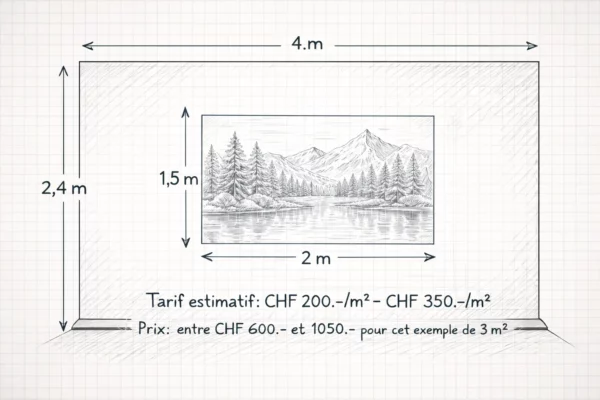 Schéma explicatif d’une impression murale de 3 m² sur un mur de 4 m par 2,4 m avec exemple de calcul de prix