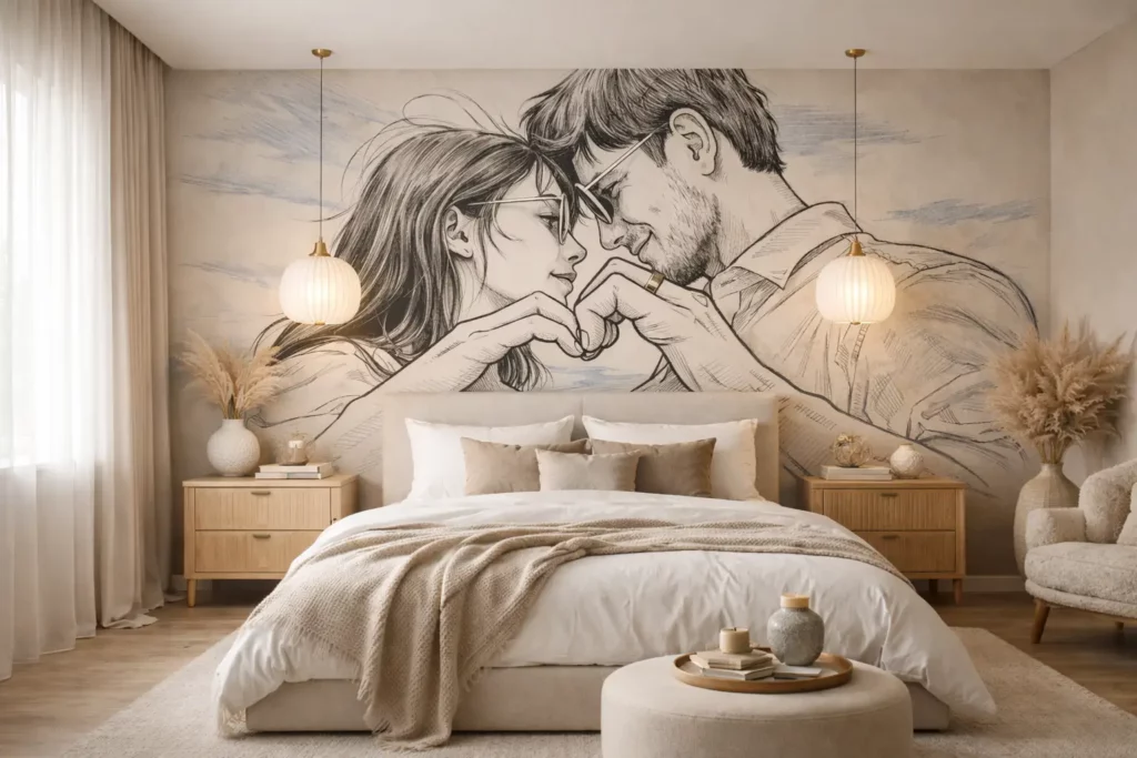 Impression murale Pixelwall représentant un couple formant un cœur avec les mains dans une chambre à coucher cosy aux tons beige.