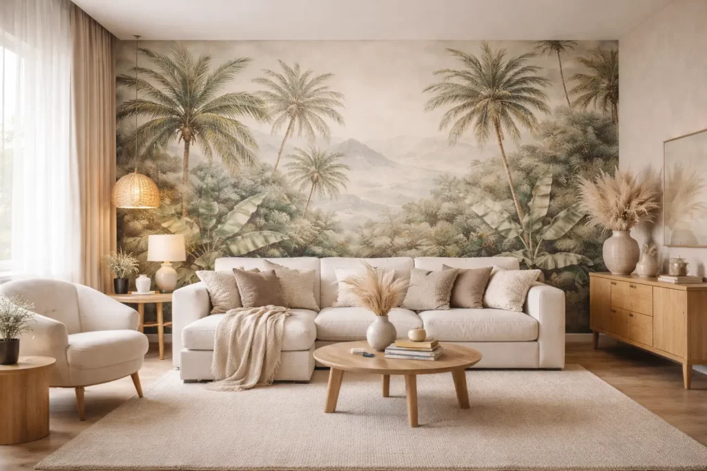 Salon moderne avec grande impression murale tropicale décorative derrière un canapé beige – décoration murale Pixelwall.