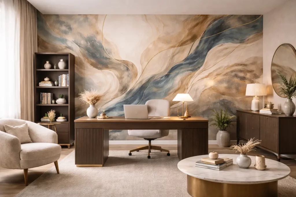 Bureau privé moderne avec grande impression murale abstraite beige et bleu derrière un bureau en bois – décoration murale Pixelwall.