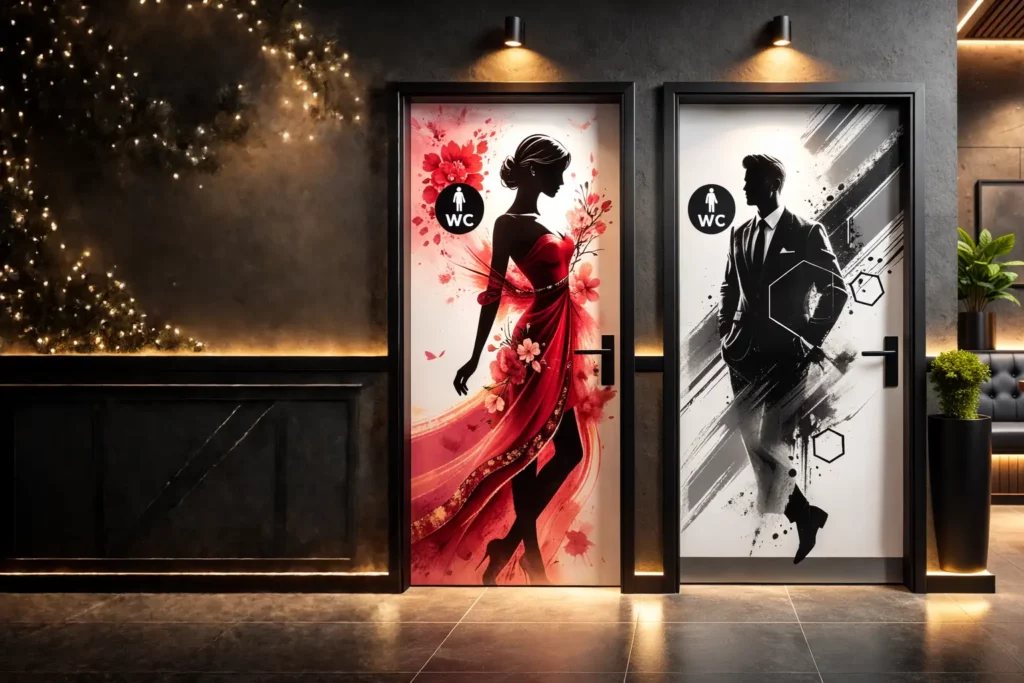 Portes de WC personnalisées dans un restaurant avec impression verticale design homme et femme