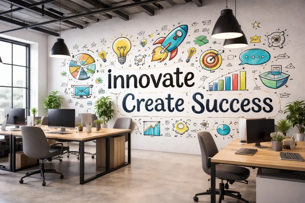 Exemple d’impression murale dans un bureau d’entreprise avec visuel créatif et message motivationnel