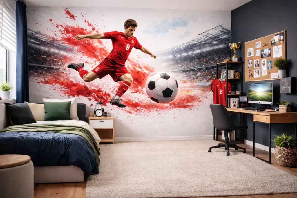 Impression murale dans une chambre d’adolescent avec fresque murale de football inspirée de l’équipe de Suisse