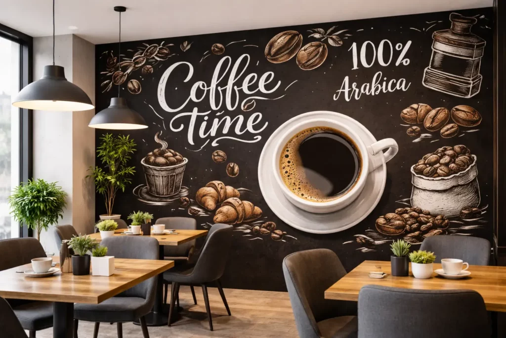 Exemple d’impression murale dans un coffee shop avec menu mural illustré sur mur intérieur