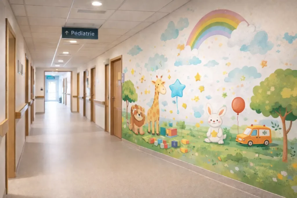 Impression murale décorative dans un couloir de pédiatrie avec dessins d’animaux pour enfants